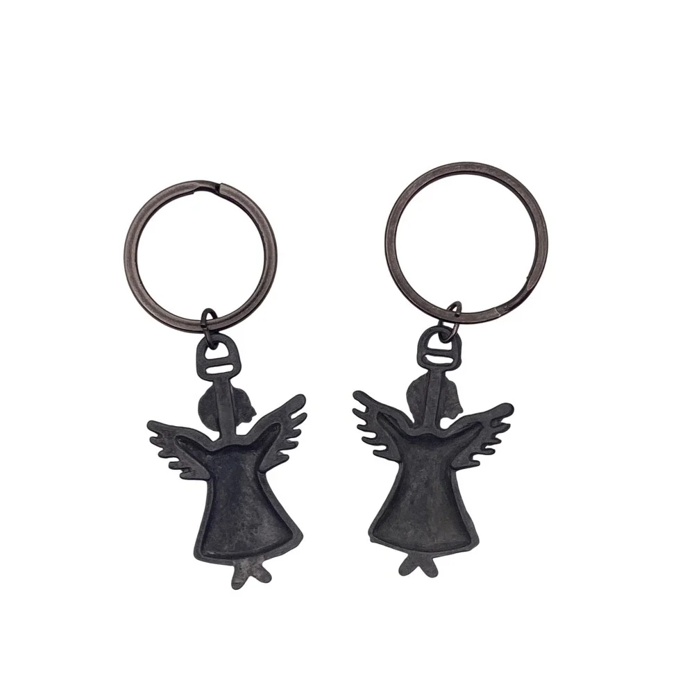 Vintage Pewter Angel Keychains Set of 2 Heart Guardian Angel Charms Gray Metal